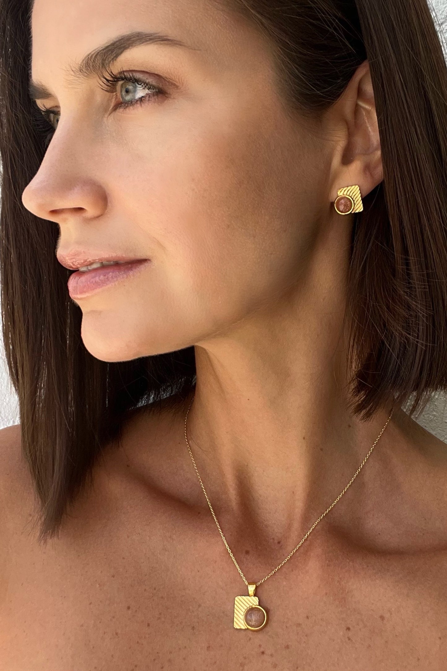 Deco earring, Sunstone, Gold Vermeil